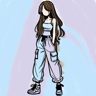 girl in baggy pants crop top and long hair