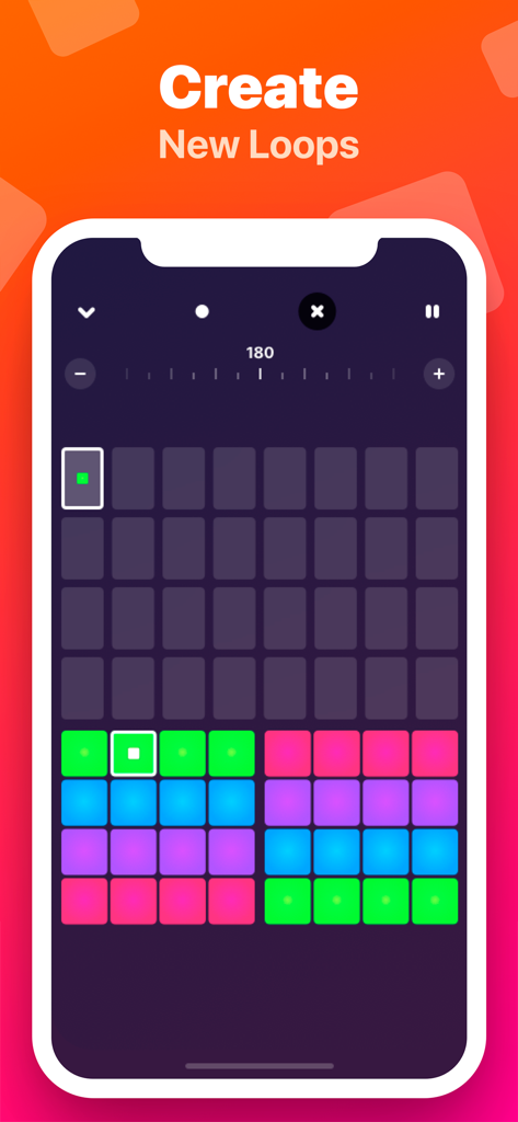 Hip-Hop Beat Maker: Make Beats - Interfaz móvil que muestra un secuenciador por pasos y pads de sonido coloridos para crear loops de música hip-hop.