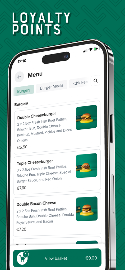 Lyons Takeaway mobile app menu screen showing burger options and loyalty points