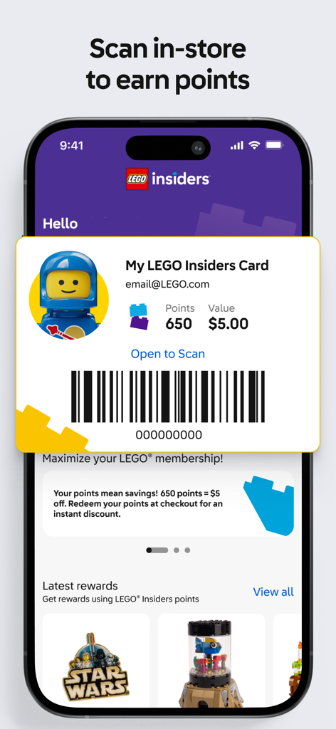 Écran de l'application LEGO Insiders montrant une carte de membre numérique avec un code-barres et un solde de points pour le scan en magasin