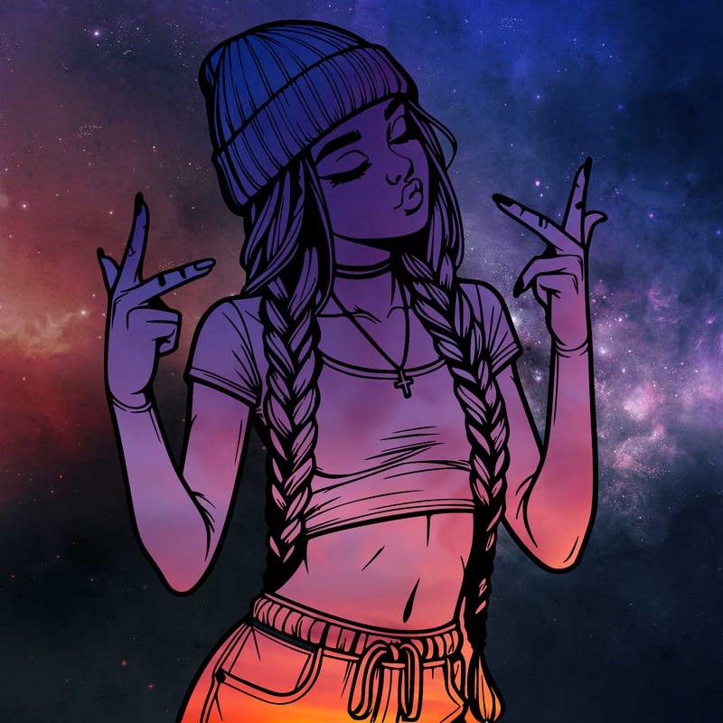 realistic teenage girl with braids and a beanie and crop top doing 🫶🏼