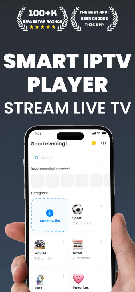 Smart IPTV Play mobile App-Oberfläche mit Inhaltskategorien wie Sportfilme und Nachrichten auf einem Smartphone