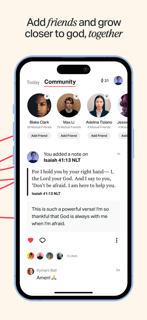 Smartphone displaying the YouVersion Bible App community feed with shared scripture notes and friend suggestions