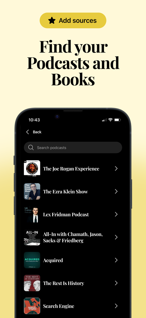Hivemind: Study by Scrolling - Hivemind app interface for searching and adding popular podcasts as study sources including The Joe Rogan Experience and Lex Fridman Podcast