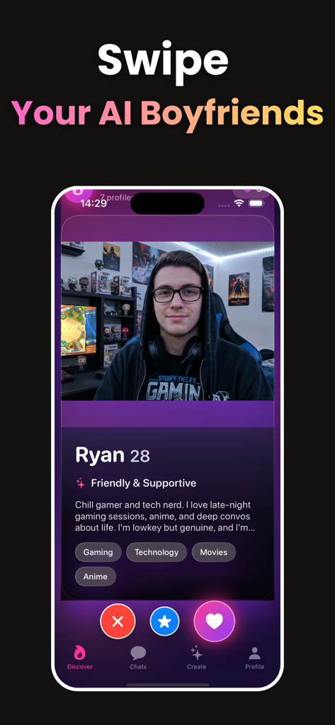 AI Boyfriend: Roleplay Chat - A profile card of a virtual boyfriend named Ryan in a dating app style interface with swiping buttons