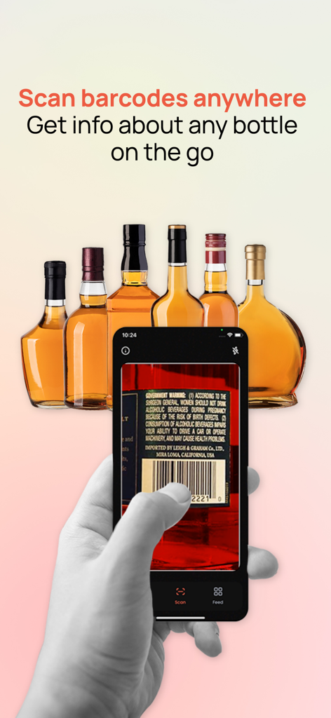 Distiller - Liquor Reviews - Uma mão segurando um telefone escaneando o código de barras de uma garrafa de licor com o aplicativo Distiller.