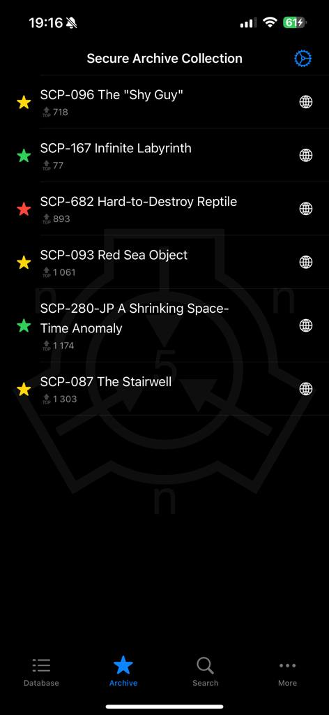 SCP Foundation Archive nn5n - A mobile app screenshot showing a list of SCP objects in the Secure Archive Collection with a dark theme interface.