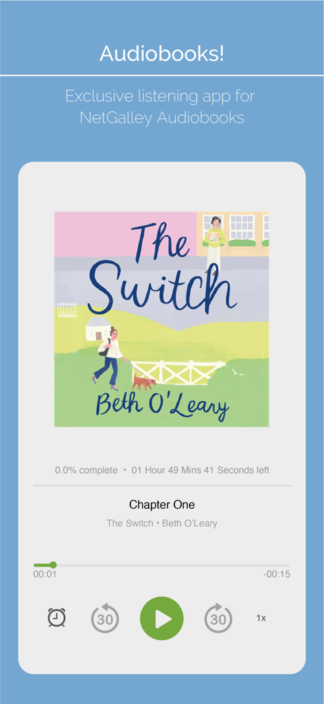 NetGalley Shelf - NetGalley Shelfアプリのオーディオブックプレイヤーインターフェース。Beth O'Leary作「The Switch」が再生されています。
