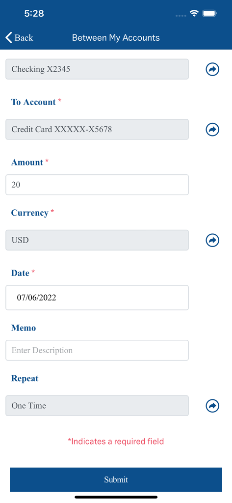 Mobile app interface for transferring money between bank accounts