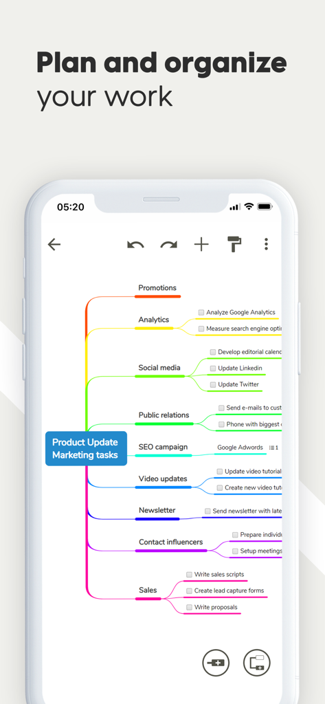 Mind Map Maker - Mindomo - A colorful mind map on a mobile phone screen displaying marketing tasks and sub-tasks.