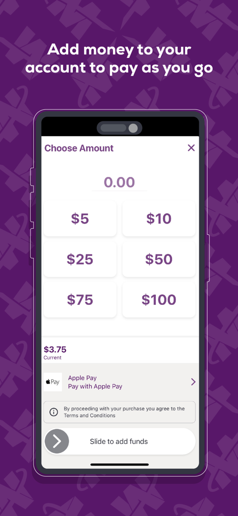 Valley Metro app interface showing options to add money to a transit account with payment options like Apple Pay