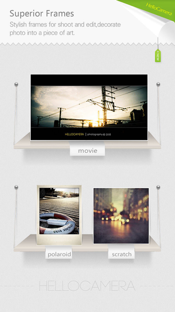 Camera360 Concept - HelloCamera - Examples of stylish photo frames in the HelloCamera app including movie polaroid and scratch themes