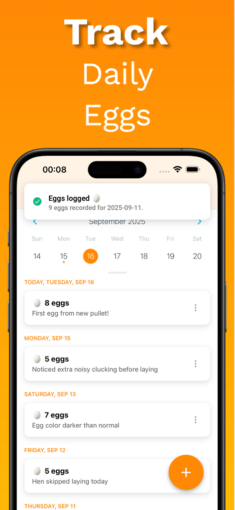 Chicken Identifier – RoostScan - Una pantalla móvil de la aplicación RoostScan que muestra un calendario y registro diario para rastrear la producción de huevos con notas.