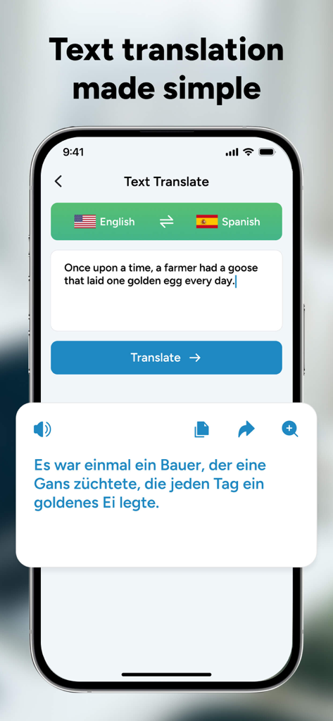 TransPro: Language Translator - Captura de pantalla de la aplicación TransPro que muestra la función de traducción de texto en un iPhone.