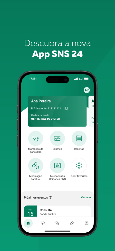 Smartphone screen displaying the SNS 24 health app dashboard with icons for appointments, exams, and prescriptions.