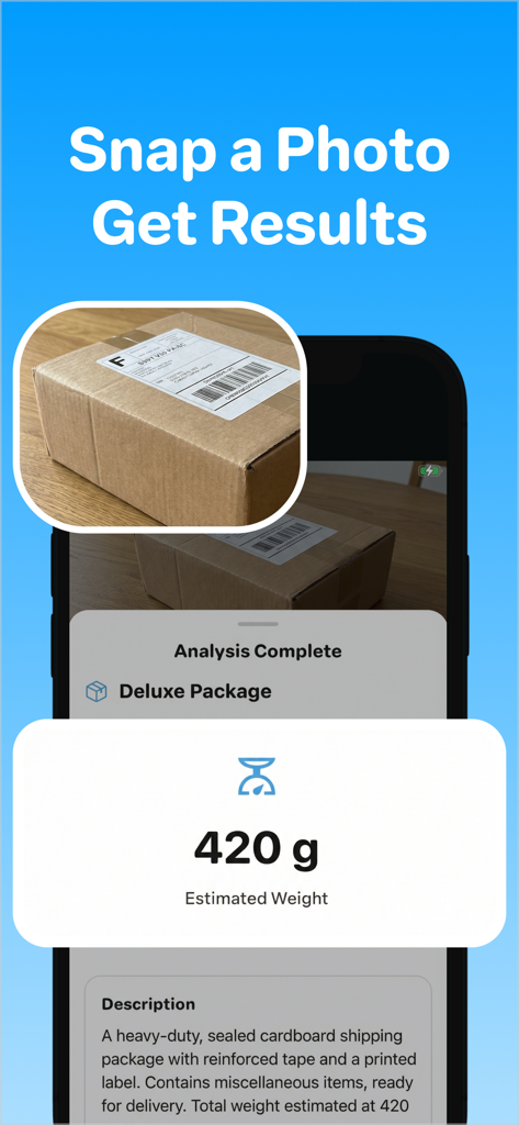 Pesa: Digital Scale for Grams - Pesa 앱 인터페이스에 배송 패키지에 대한 420그램의 예상 무게가 표시됩니다.