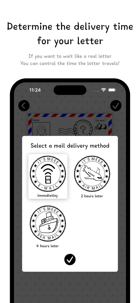 Interface for choosing letter delivery speed with email air mail and sea mail options
