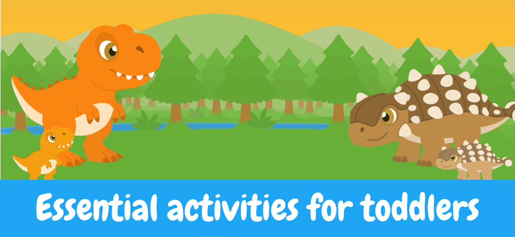 Dino Friends - Toddler Games - Lindos dinosaurios de dibujos animados en un paisaje forestal prehistórico con el texto Actividades esenciales para niños pequeños