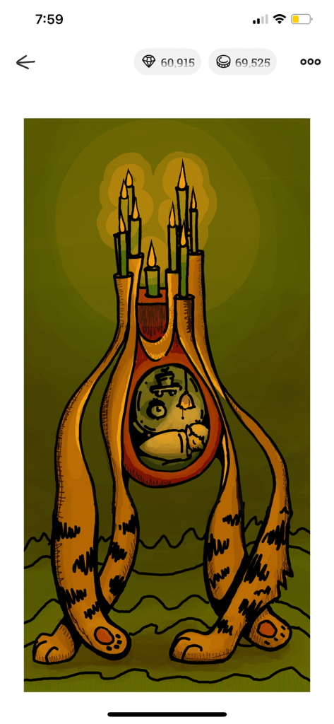 DrawnTogether - A surreal collaborative drawing in the DrawnTogether app combining candles, a central womb, and tiger legs