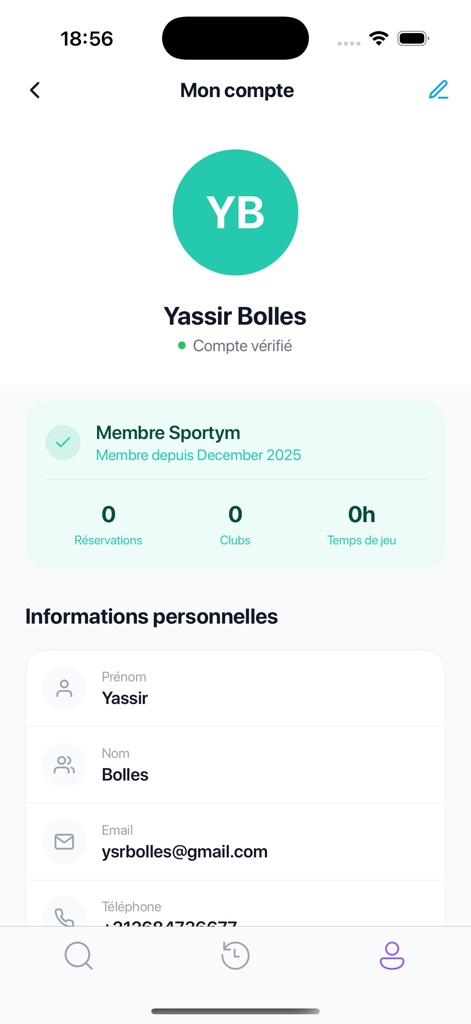 Sportym - Tableau de bord du profil utilisateur dans l'application Sportym présentant les informations personnelles et les statistiques de réservation