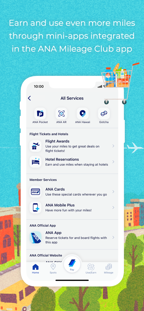 ANA MILEAGE CLUB - ANA Mileage Club app interface showing integrated travel and shopping services