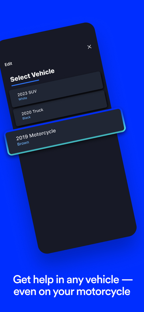 Interface do aplicativo OnStar Guardian mostrando uma lista de veículos registrados incluindo um SUV, caminhão e motocicleta para assistência de emergência