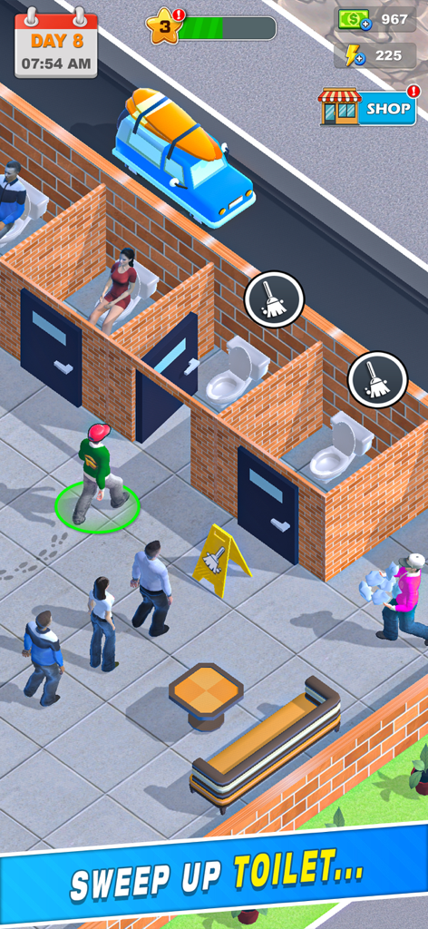 My Pizza Shop Simulator Game - マイピザショップシミュレーターゲームのキャラクターが、個室の上にほうきのアイコンが表示されたレストランのトイレを掃除している様子。