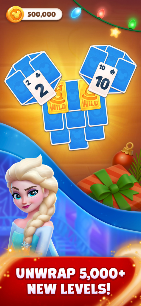 Elsa from Frozen in a holiday themed Disney Solitaire game level