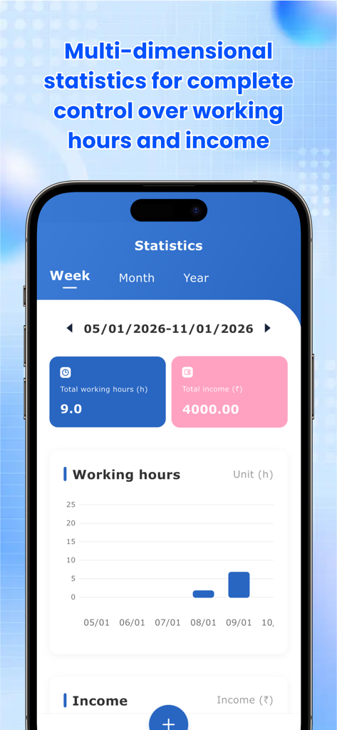 WinUdann - WinUdann app interface showing weekly statistics for total working hours and income with a bar chart breakdown