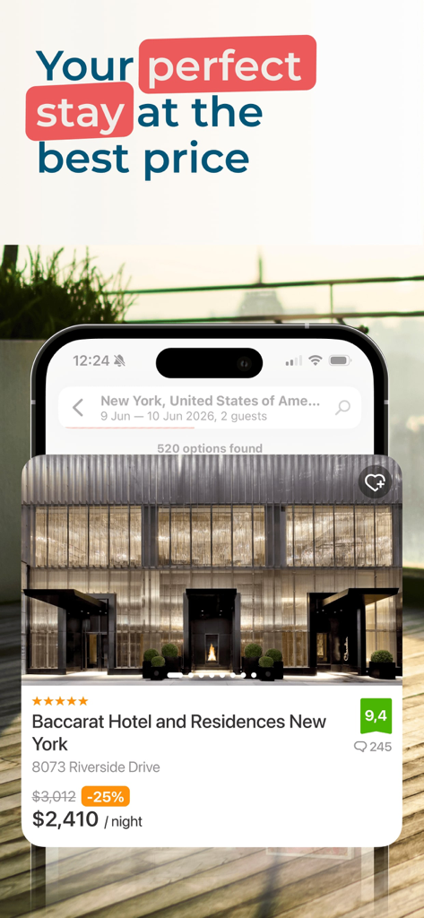 ZenHotels app showing a discounted stay at the Baccarat Hotel in New York.