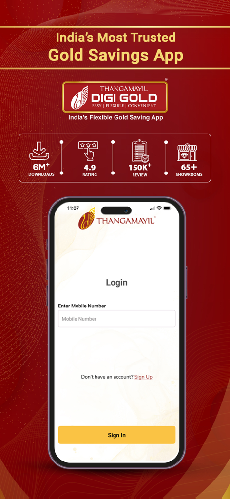 Thangamayil DigiGold login screen showing app ratings and download statistics