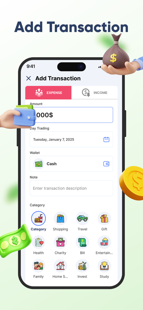 Money Tracker: Budget Manager - Interfaccia per l'aggiunta di transazioni nell'app Money Tracker con categorie di spesa e reddito