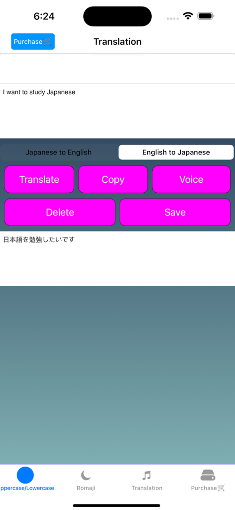 Hiragana & Katakana ひらがな カタカナ - Interface de traduction anglais vers japonais dans l'application mobile Hiragana et Katakana