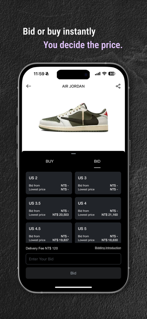 AREA 02: Hype Culture Exchange - 異なるサイズオプションと価格設定を備えたAir Jordanスニーカーの入札または購入用のモバイルアプリインターフェース