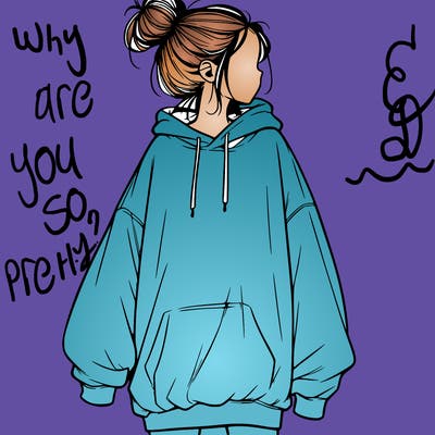 realistic girl with a oversized sweatshirt on and a bun