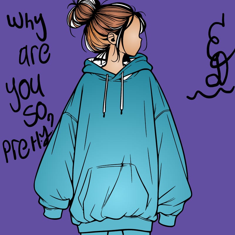 realistic girl with a oversized sweatshirt on and a bun