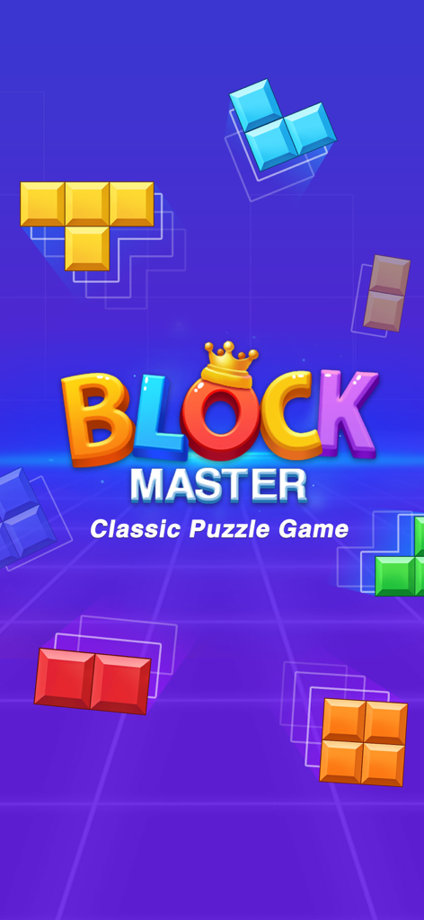 Pantalla de título de la aplicación Block Master con coloridos bloques de juguete 3D y un fondo de cuadrícula púrpura