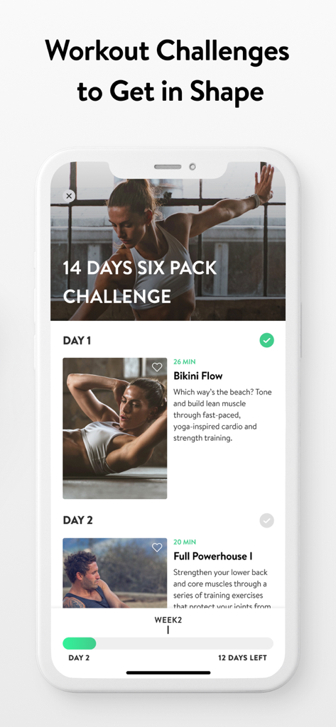 Asana Rebel: Get in Shape - Aplicación Asana Rebel que muestra un desafío de abdominales de 14 días con rutinas diarias de fitness inspiradas en el yoga