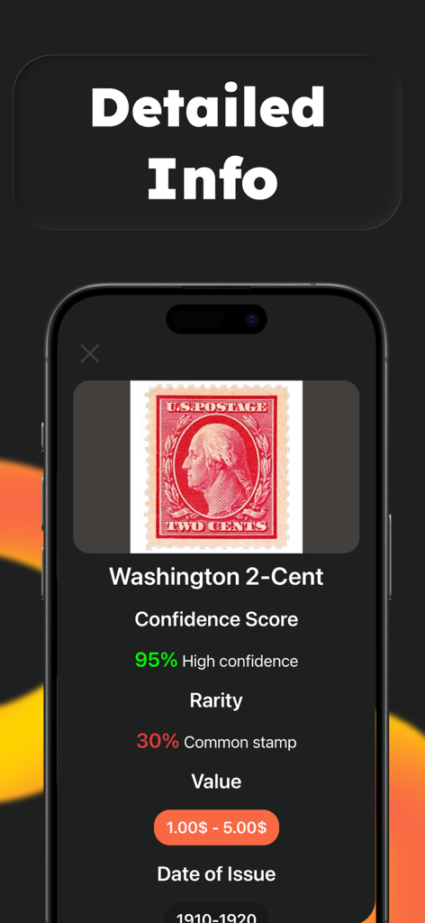 Stamp Value Identifier: Stampy - Écran d'identification détaillé d'un timbre Washington de 2 cents montrant sa rareté et sa valeur marchande.