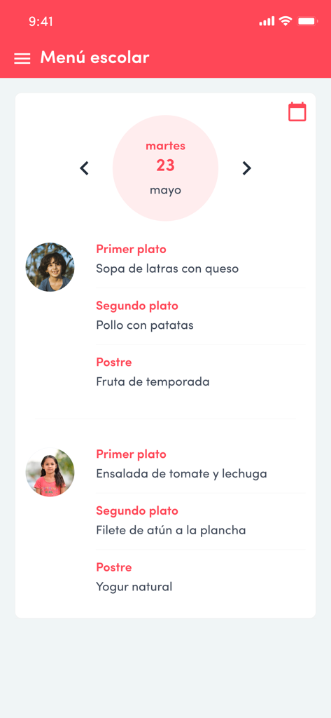 Dinantia - Pantalla de la aplicación Dinantia que muestra el menú diario del comedor escolar para los alumnos