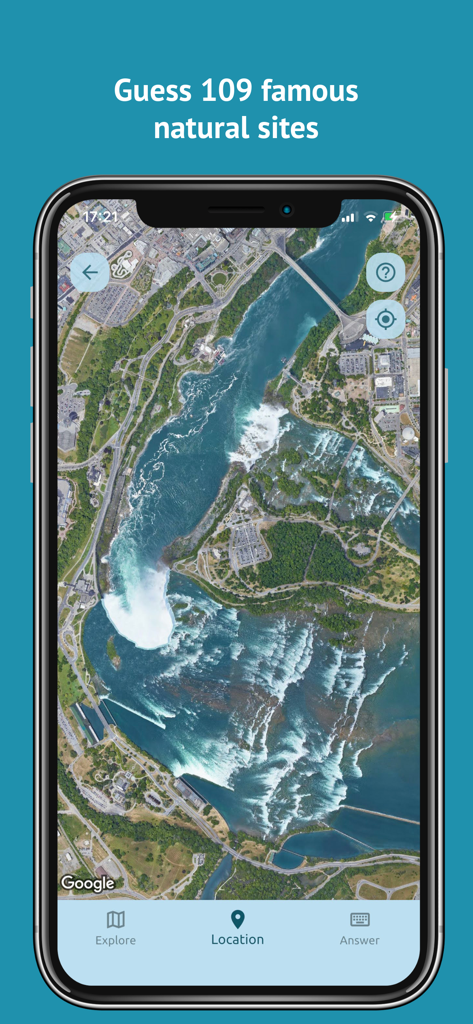 Geo Mania: Guess the Location - Satellite view of Niagara Falls in the Geo Mania geography puzzle app