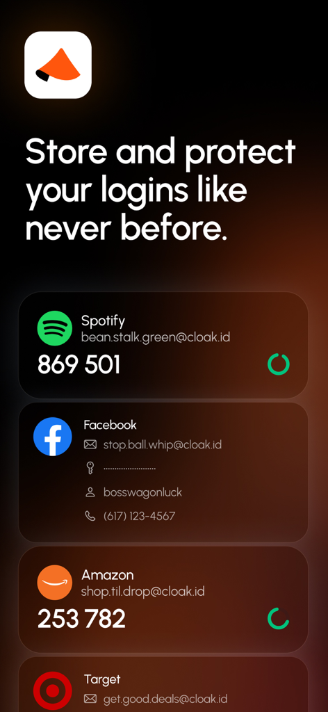 The Cloaked app interface displaying protected login credentials and identity aliases for services like Spotify and Facebook