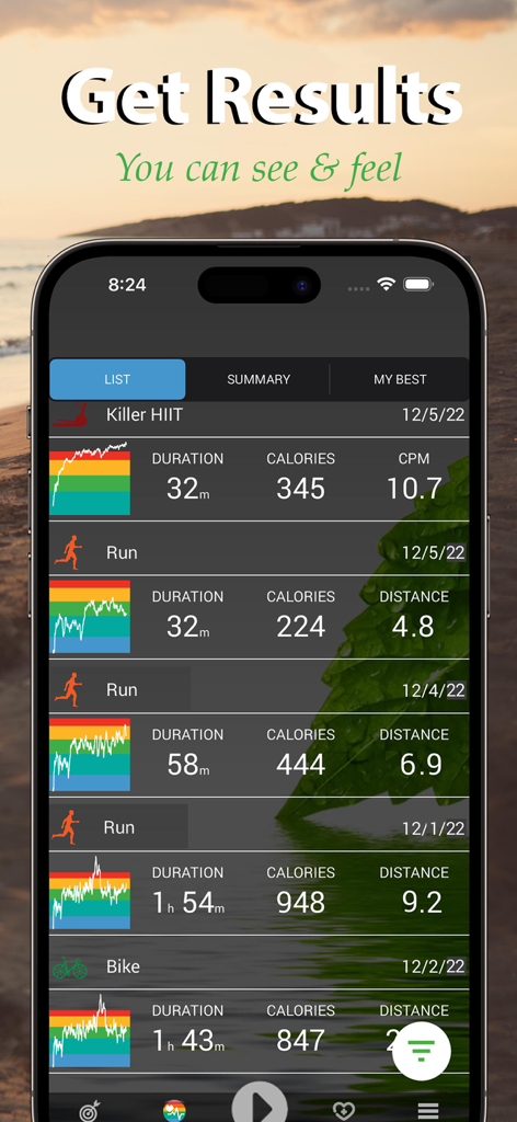 iRunner Run & Jog Tracker - Una lista de entrenamientos de carrera, ciclismo y HIIT registrados en la aplicación iRunner que muestra la duración y las calorías quemadas