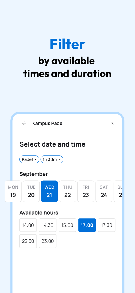 Smashpro - Book Padel - Smashpro app screen showing date and time selection for booking a padel court