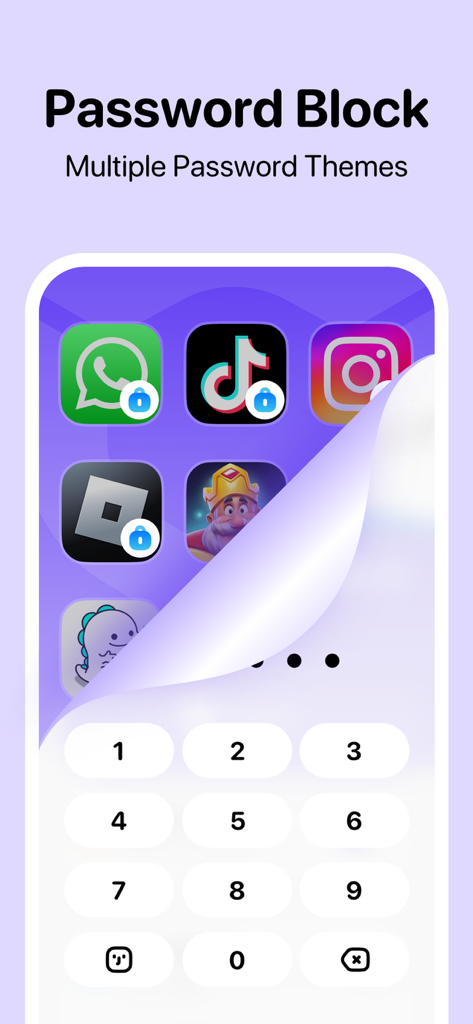 Hidem - App Lock, Lock Apps - Interfaz de la app móvil Hidem que muestra la protección con contraseña para redes sociales y juegos con un teclado numérico.