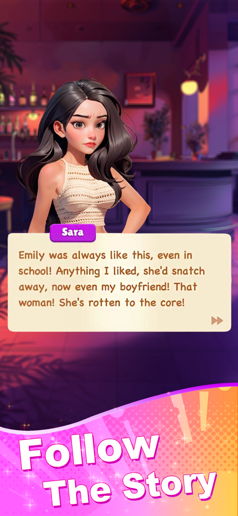 Sara's Secret : Merge&Makeover - Character Sara expressing frustration about a romantic rival in a narrative scene from the game Saras Secret Merge and Makeover.