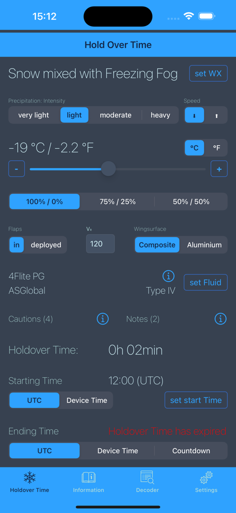 Winter OPS - Winter OPS aviation app interface displaying a de-icing holdover time calculation with snow and freezing fog conditions