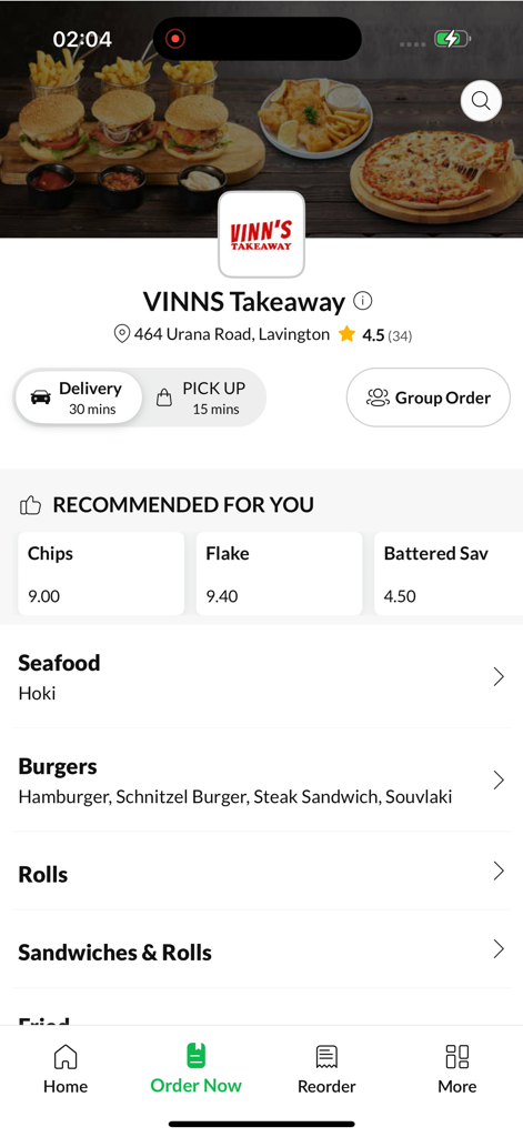 The home screen of the VINNS Takeaway mobile app showing food categories and delivery options