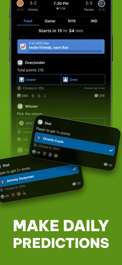 Real - Sports - Real Sports mobile app screen showing daily game predictions and player performance stats