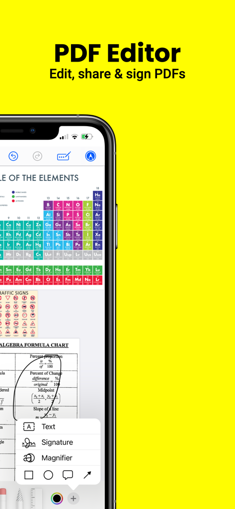Screenshot of Watch PDF Reader iPhone app showing PDF editing and signing tools